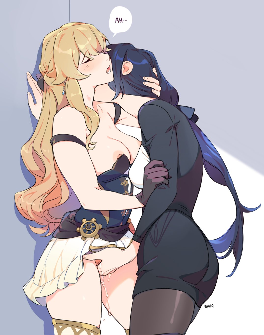 two anime girls, mona megistus and lumine from genshin impact, are shown kissing passionately against a wall. lumine, with blonde hair and a white dress, has one breast exposed. mona, with blue hair and wearing a black dress and tights, is touching lumine's vagina. a speech bubble above them says "ah", implying pleasure.