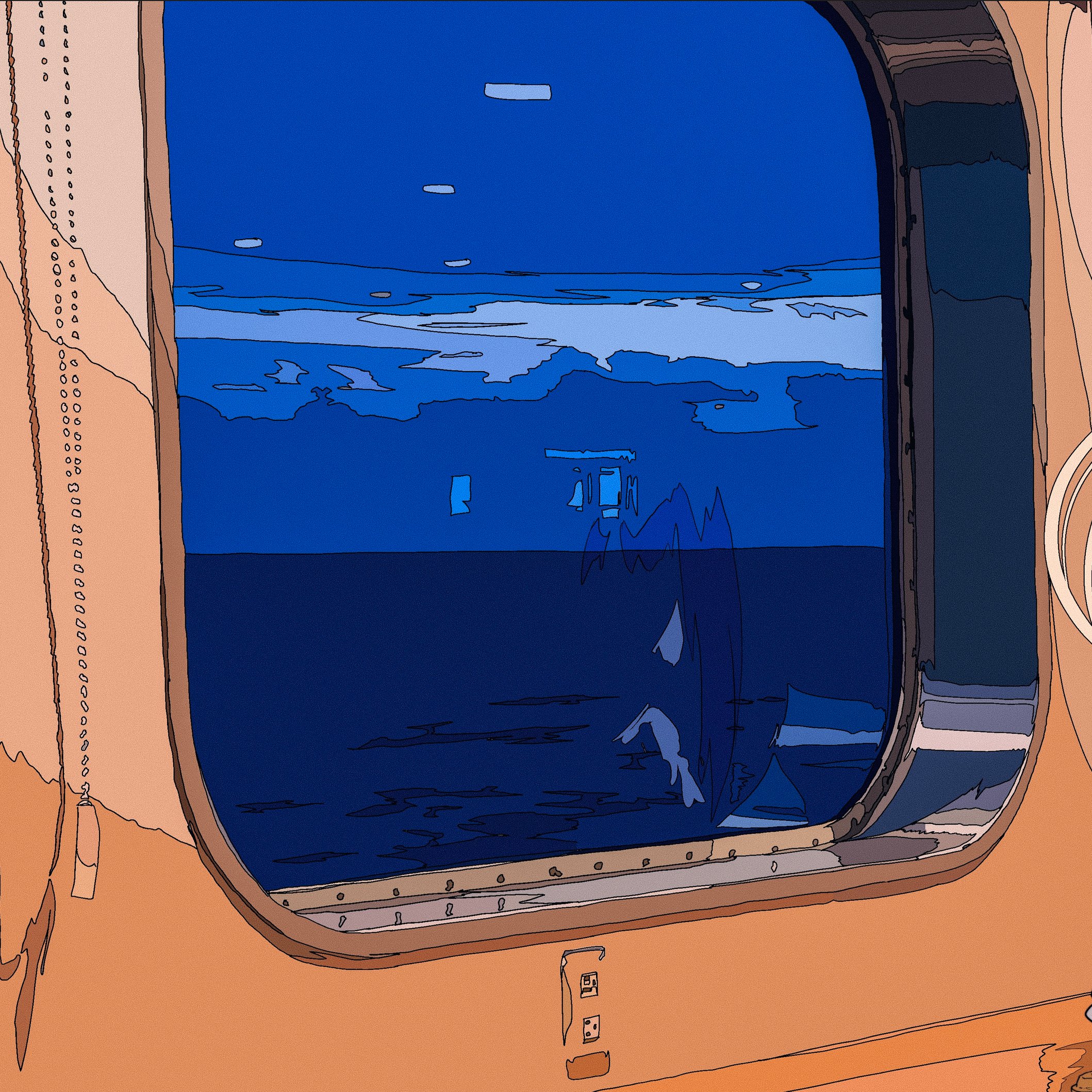 the image is a stylized illustration or cartoon drawing of a porthole or window on a ship or boat. the porthole is showing a view of the ocean at dusk or twilight. the water is a deep blue, and the sky reflects in the water, showing shades of blue and a lighter band near the horizon.  the style is somewhat abstract, with simplified shapes and lines, giving it a unique artistic feel. the porthole's frame is a light orangebrown. the overall tone is peaceful and evokes a sense of travel and exploration.