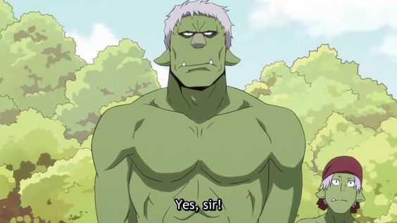 an image of an anime character with green skin and white hair.  the character is in a forest and standing facing the viewer. the character is muscular and looks strong. he is looking down at a younger male character, standing off to the left of the image, slightly out of frame.  the character has green skin and short purple hair and he's also looking serious.  the two characters are standing in front of trees.