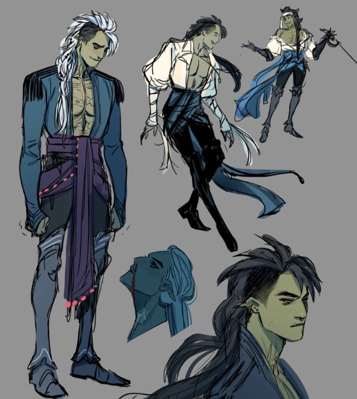 this digital art piece is a collection of sketches, depicting four fantasy characters. the artwork is stylized with a focus on vibrant colors, intricate details, and dynamic poses. the main character, a male elf, is depicted in the center of the image, taking up most of the space. he has long silver hair, pale skin, and wears a blue outfit with a long purple sash. he stands with his arms at his side, a thoughtful expression on his face.on the left of the image, another male elf is partially visible. he has dark hair and pale skin, and wears a white shirt and black trousers. his body is facing right, but his head is turned left, looking back at the viewer.on the right of the image, a male human is shown. he is wearing a dark blue outfit and has dark hair. he is looking at the viewer.on the right side of the image, is another male elf. he has green skin, brown hair, and a black outfit. his body is facing left and looking down at the ground.all the characters have interesting hairstyles and facial expressions. the overall aesthetic of the artwork is whimsical and imaginative.  the lines are thick and bold, creating a sense of dynamism and energy. the color palette is rich and saturated, adding to the overall vibrancy of the artwork. the artist has captured the unique personality and charm of each character through their drawings, making them come to life.