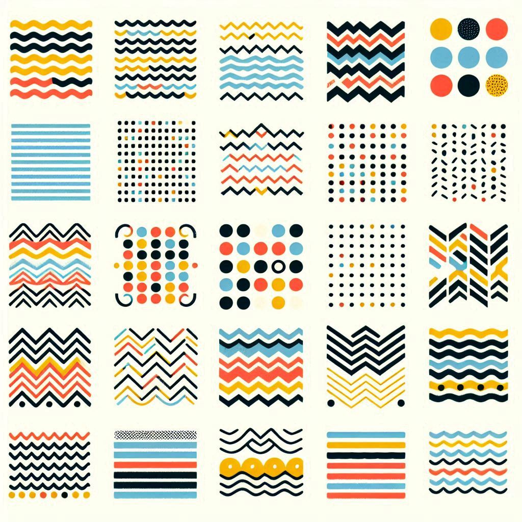 the image displays a collection of 25 abstract patterns in a 5x5 grid. the patterns feature geometric shapes like wavy lines, stripes, and dots in a harmonious color palette of yellow, teal, black, pink, and beige. each square offers a unique design, making them suitable for various creative projects as backgrounds or design elements.