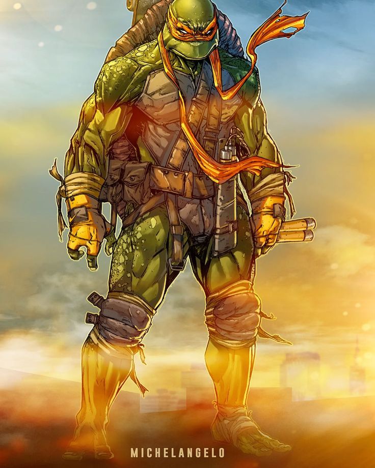 this is a digital illustration of michelangelo, a teenage mutant ninja turtle, standing with his nunchucks. he is drawn in a comic book style, with bold lines and bright colors. the background is a blurry orange and yellow, which makes michelangelo stand out. he has a fierce expression on his face, and he looks ready for a fight. the illustration is dynamic and actionpacked, and it captures the essence of michelangelo's character.  the caption under the image reads "michelangelo".