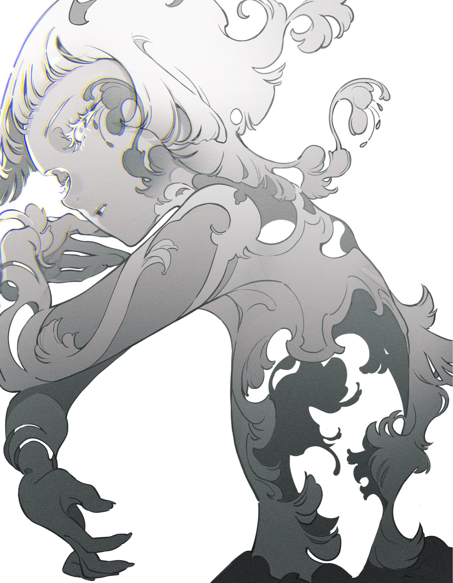 the image showcases an exquisite grayscale drawing of a girl adorned in an elaborate, flowing attire that mimics the organic forms of nature, possibly inspired by art nouveau style. the delicate lines and shading accentuate the intricate details of her clothing and hair, lending a sense of movement and ethereal beauty.  her posture suggests grace and perhaps a touch of melancholy. the background remains uncluttered, drawing the viewer's attention solely to the captivating figure.