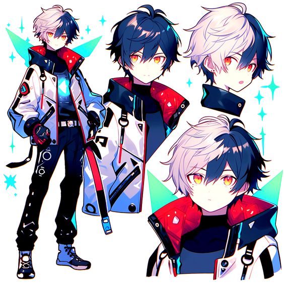 the image showcases a character design for a young anime boy. he has striking splitcolored hair, with one side black and the other white. his attire blends futuristic and streetwear elements, featuring a white jacket with red and blue accents, black pants, and sneakers. the character's pose and the inclusion of a sword suggest an actionoriented persona.