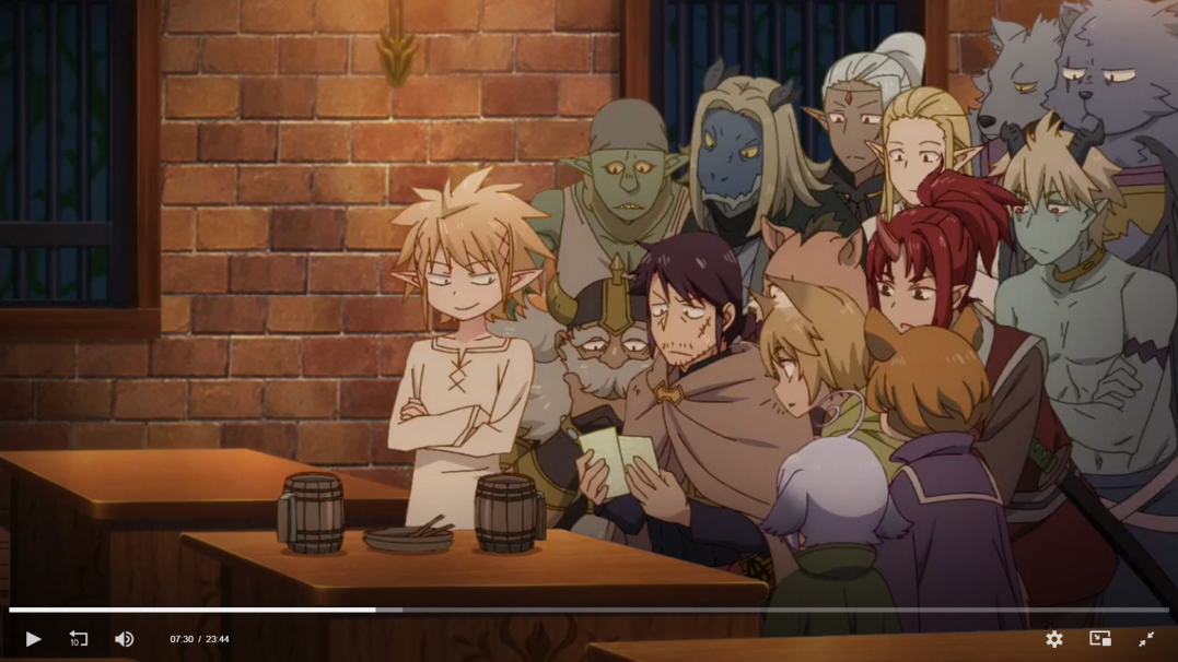 the image shows a group of fantasy anime characters in a bar or tavern setting. the characters are diverse, including elves, goblins, wolflike creatures, and humans, all dressed in fantasy garb. some are seated at a table, while others are standing nearby. they appear to be engaged in conversation or a dispute, with one character holding a sword and another holding a scroll. the bar has a wooden table, two mugs, a plate and a warm atmosphere.