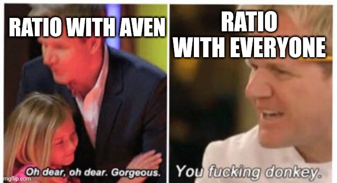 the meme uses two images of gordon ramsay. on the left, he's comforting a child, with text overlay "ratio with aven". on the right, he's angrily confronting someone, with the text "ratio with everyone. you fucking donkey".  this highlights the contrasting reactions; gentle to one person ("aven") and harsh to everyone else. the meme plays on the internet slang "ratio" which indicates a large disparity in replies/likes/retweets in a social media context, usually implying a negative response to a comment.