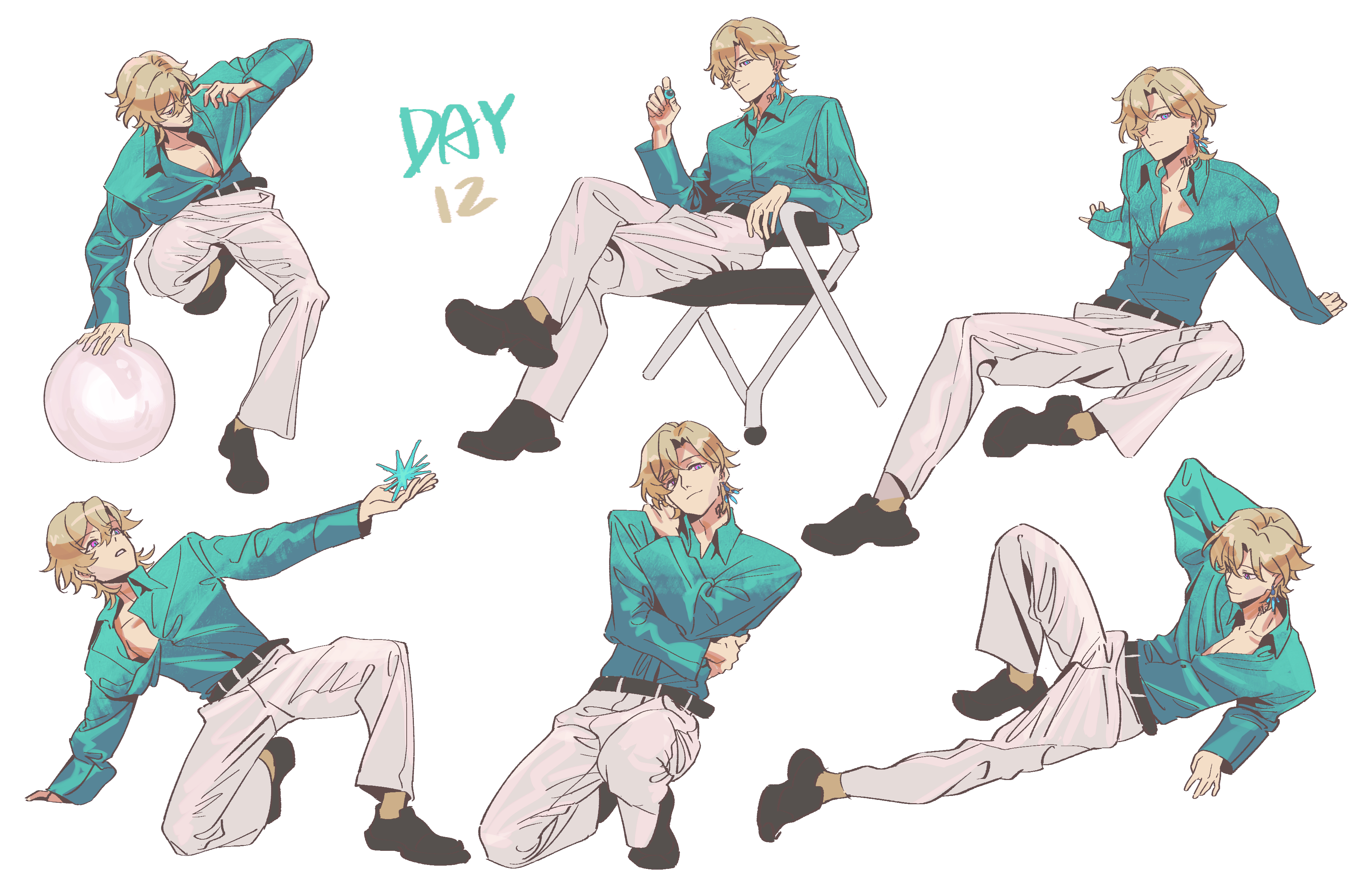 the image is a collection of digital anime art featuring a male character with blonde hair and wearing a teal shirt and white pants in various poses. he is shown sitting on a chair, standing, kneeling, lying down, and interacting with objects like a ball and a starshaped item. he is also wearing an earring.