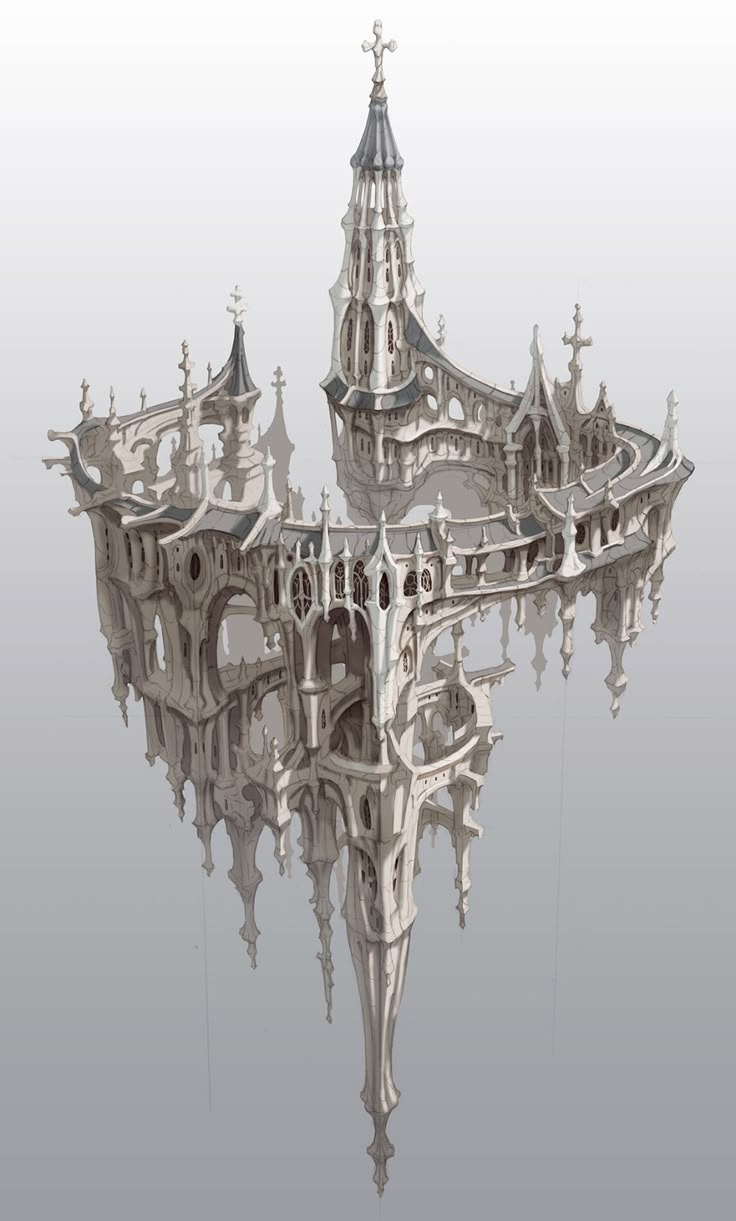 a detailed illustration of a white, gothicstyle castle that appears to be floating in the air. the castle features intricate architecture with spires, towers topped with crosses, arches, and ornate detailing. the overall design suggests a fantasy setting.
