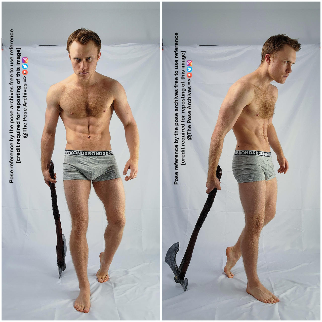 a shirtless caucasian male stands in a confrontational pose, holding a large axe. he is wearing grey underwear. the image is a diptych, with the same pose shown from two different angles. the background is plain white.