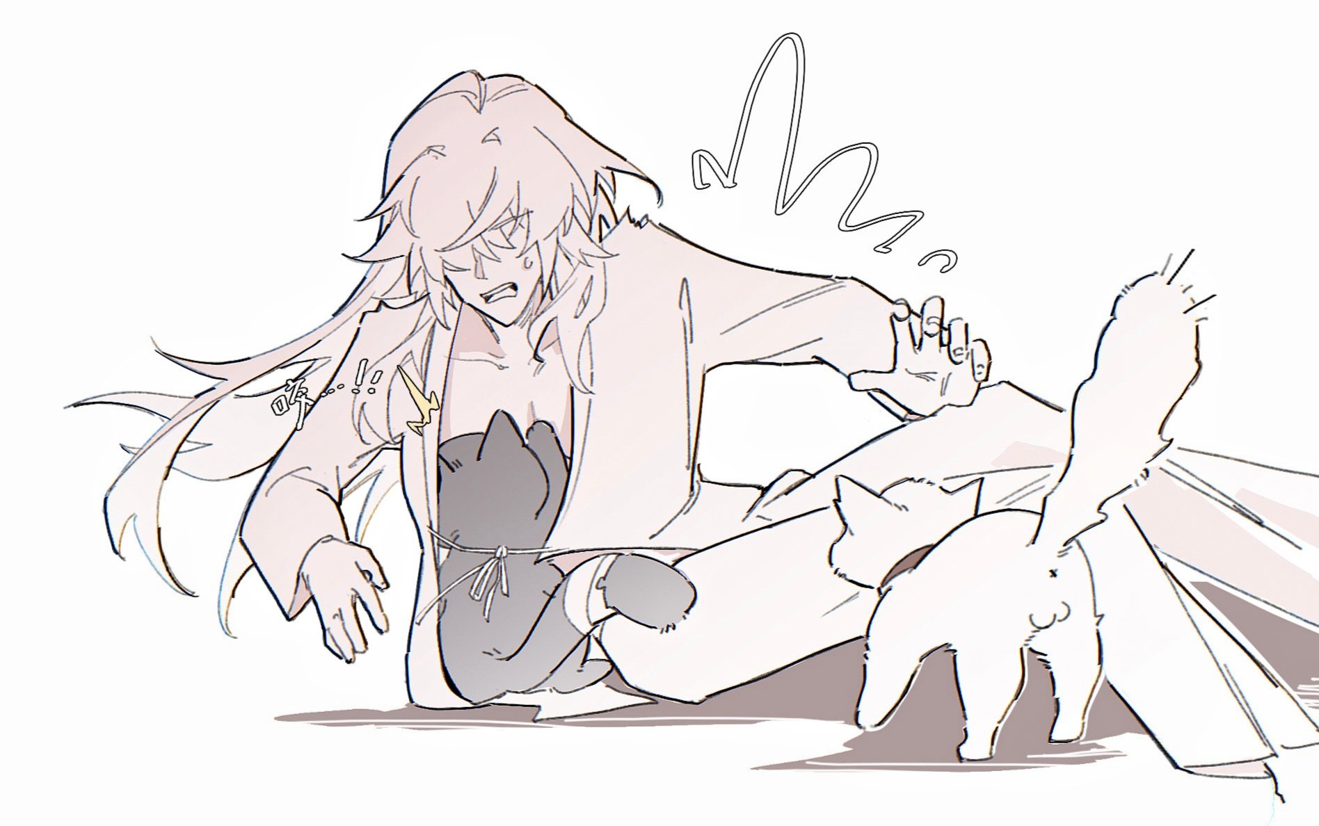 a surprised anime man with long pink hair and a white shirt sits with his legs spread out on the floor. he is looking down at a black cat that is standing on his lap. behind him, a white cat is looking up at him, with its tail sticking straight up in the air. all three are surrounded by a white background with a large "!?" behind the man's head. the line art of the image is thin and simple, giving it a sketchy and playful style. the image seems to depict the man being surprised by his cats.
