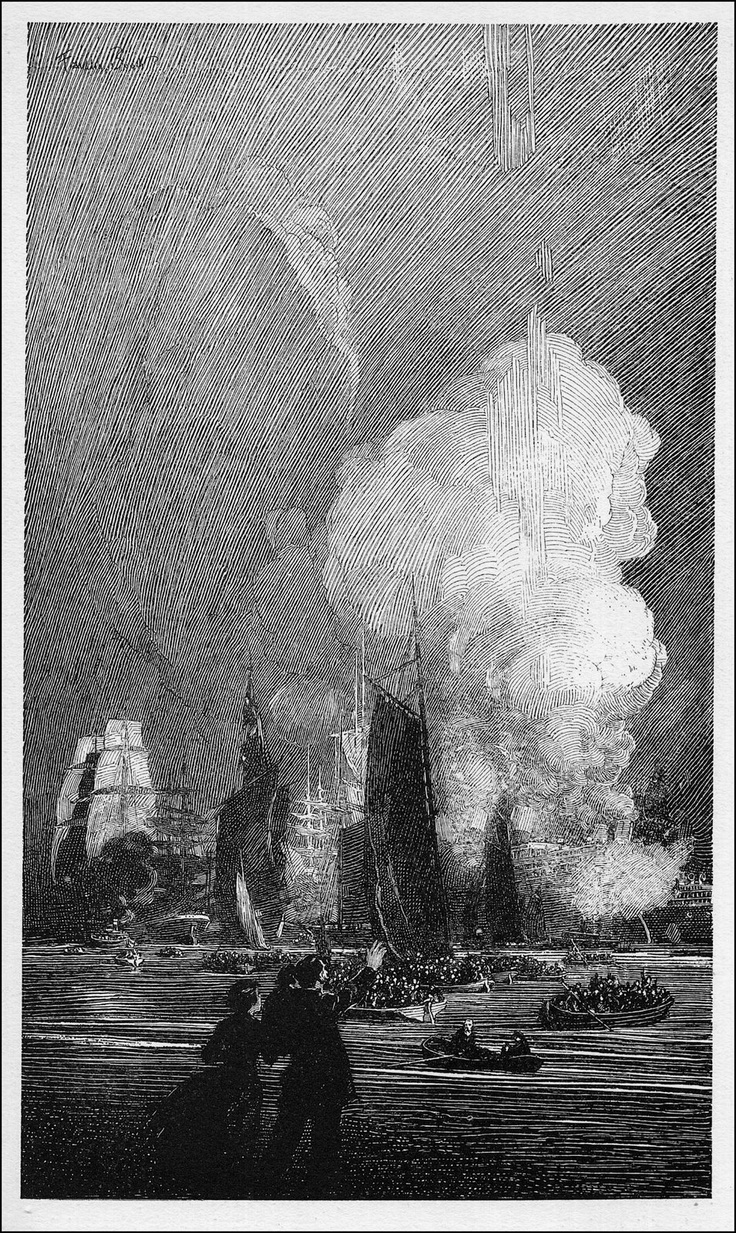 a detailed black and white etching or engraving depicting a dramatic maritime scene. numerous sailing ships are gathered in a harbor or body of water, with a large plume of smoke or possibly an explosion dominating the background.  a crowd of people are visible on the water and near the ships, adding to the sense of urgency and chaos.  the style is reminiscent of 19thcentury art, with a focus on detailed linework and atmospheric perspective.  two figures in the foreground appear to be observing the event. the overall mood is one of intense drama and possibly disaster.