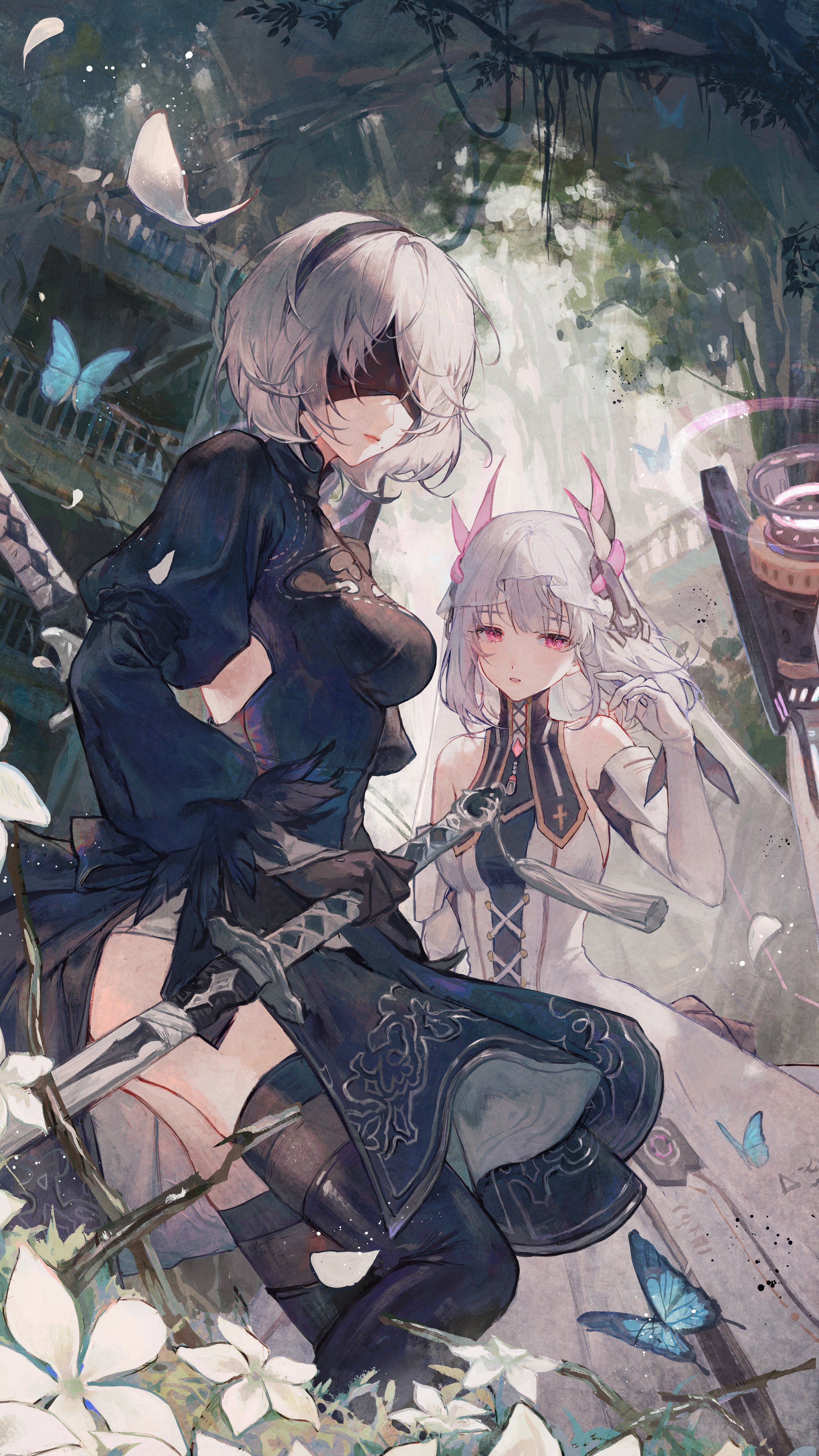 he image is a digital painting or illustration of two anime girls, styled like characters from the game nier automata. one girl resembles the character 2b, with grey short hair, a blindfold, and a dark outfit including a cape and what appears to be a sword or katana strapped to her. the other girl has long white hair with horns, and wears a white and light grey dress. they are positioned amidst a backdrop of ruins, overgrown plants, butterflies, and white flowers. the overall aesthetic is dark, gothic, yet elegant, with a mystical quality. the art style is detailed and captures a range of tones and textures.