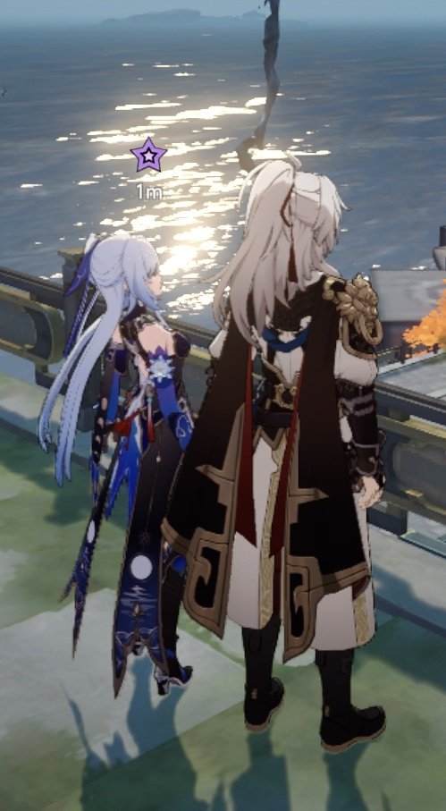 a screenshot from the video game genshin impact, showing the characters albedo and ganyu. ganyu is on the left side of the screen, with her long, white hair, a dark outfit, and a sword on her hip. albedo is on the right side, with his white hair, long dark coat, and a gold trim.
