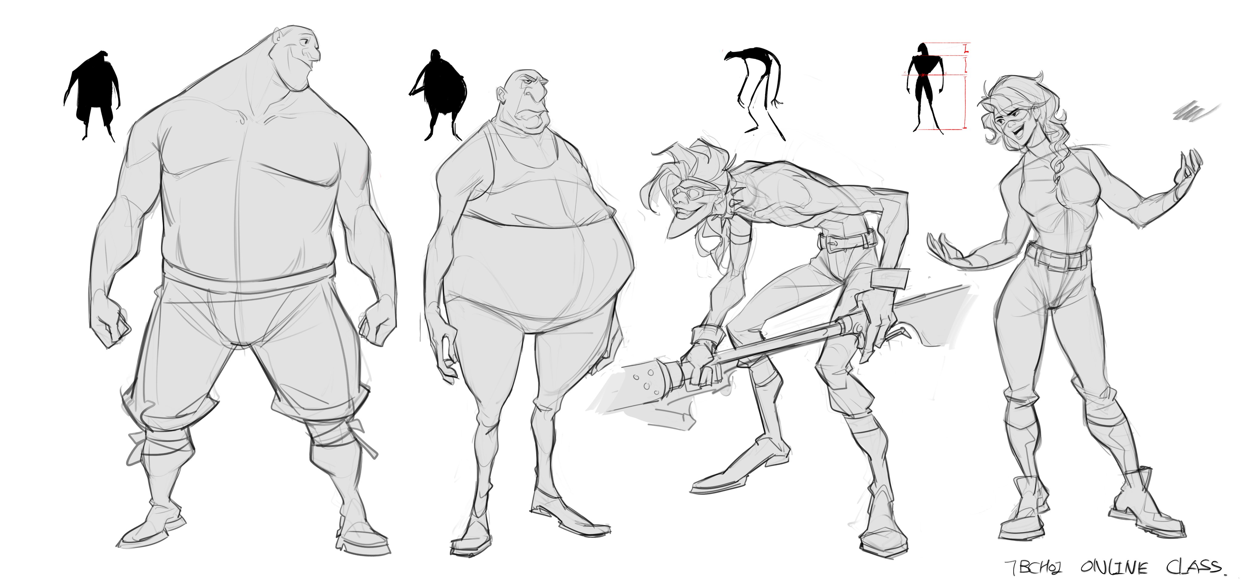 this image contains several sketches of character designs.  there are four main characters: a large, muscular man, an overweight man, a slender character wielding an axe, and a woman in a jumpsuit.  the sketches are in pencil, showing varying levels of detail and refinement. silhouettes and posture studies are included alongside the main figures.  the bottom right corner indicates that this is from an online class. the style is dynamic and expressive, suitable for animation or game art.