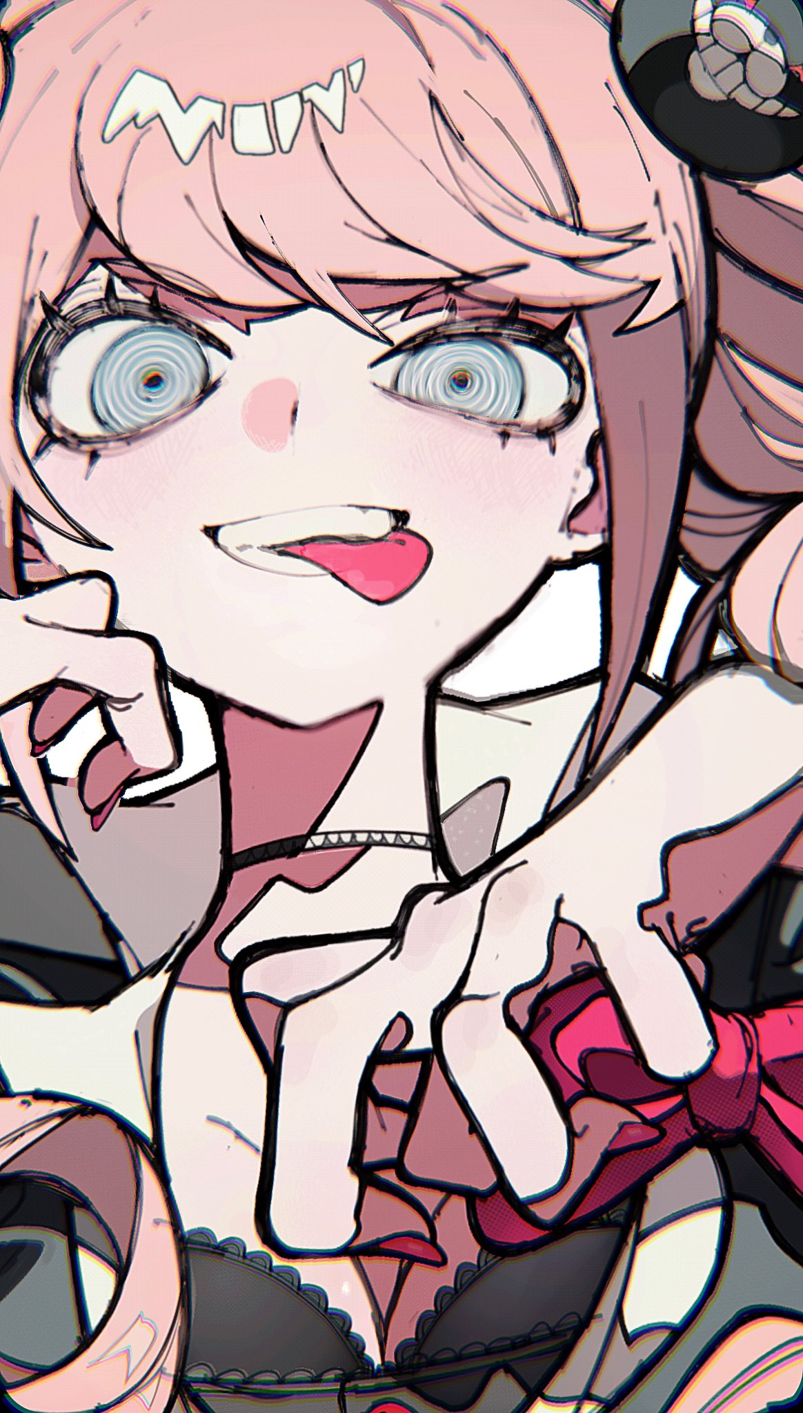 this is an anime image of a girl with pink hair. she is smiling with her tongue sticking out. she has large eyes. she is wearing a black bra with a red bow. her hands are in front of her. she is on a white background.