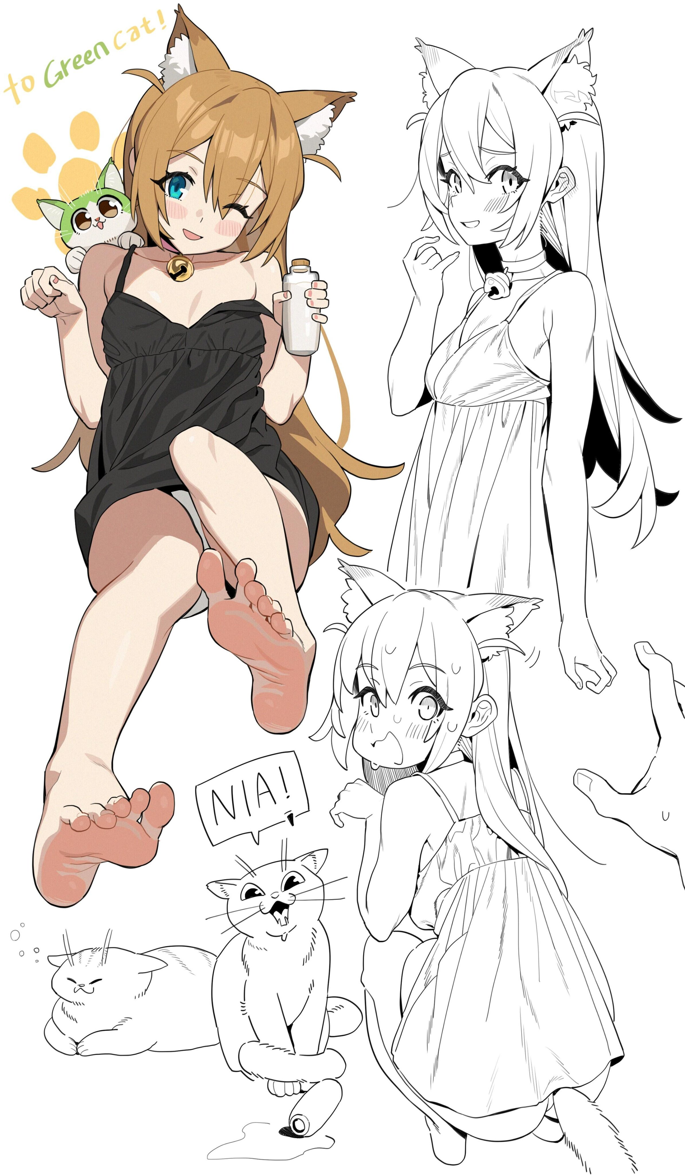 the image shows a colored anime girl with cat ears and a tail, holding a bottle of milk and standing over a couple of cats. next to her are two drawings in black and white of another anime girl with cat ears and a tail.