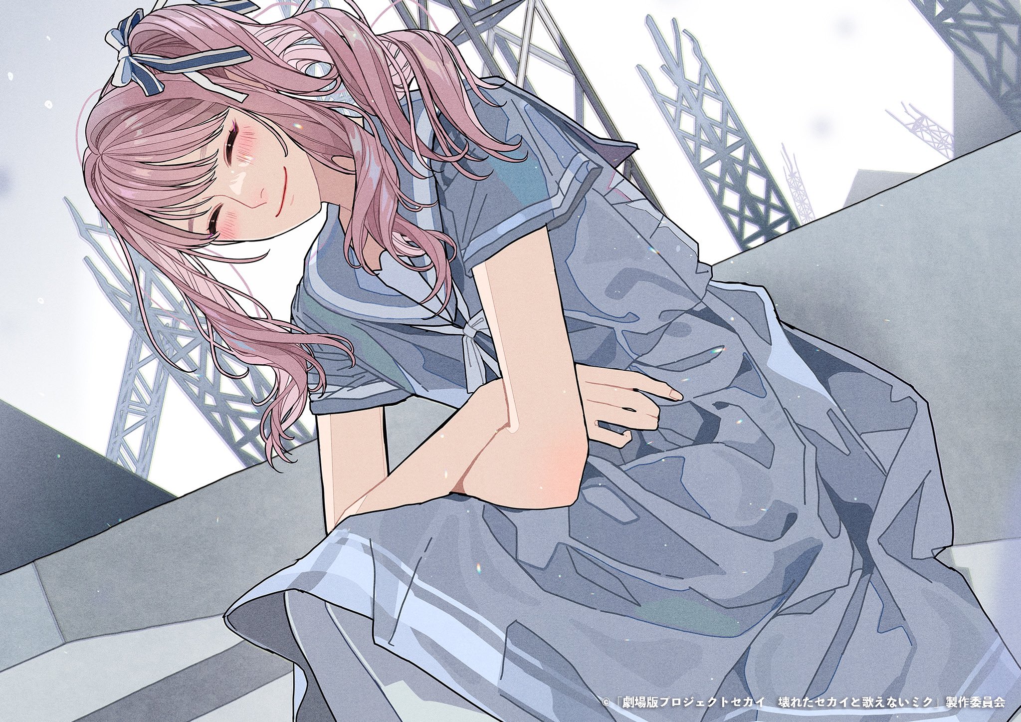 an anime girl with pink hair and a blue sailor dress is sitting and smiling. she is in front of a steel structure.