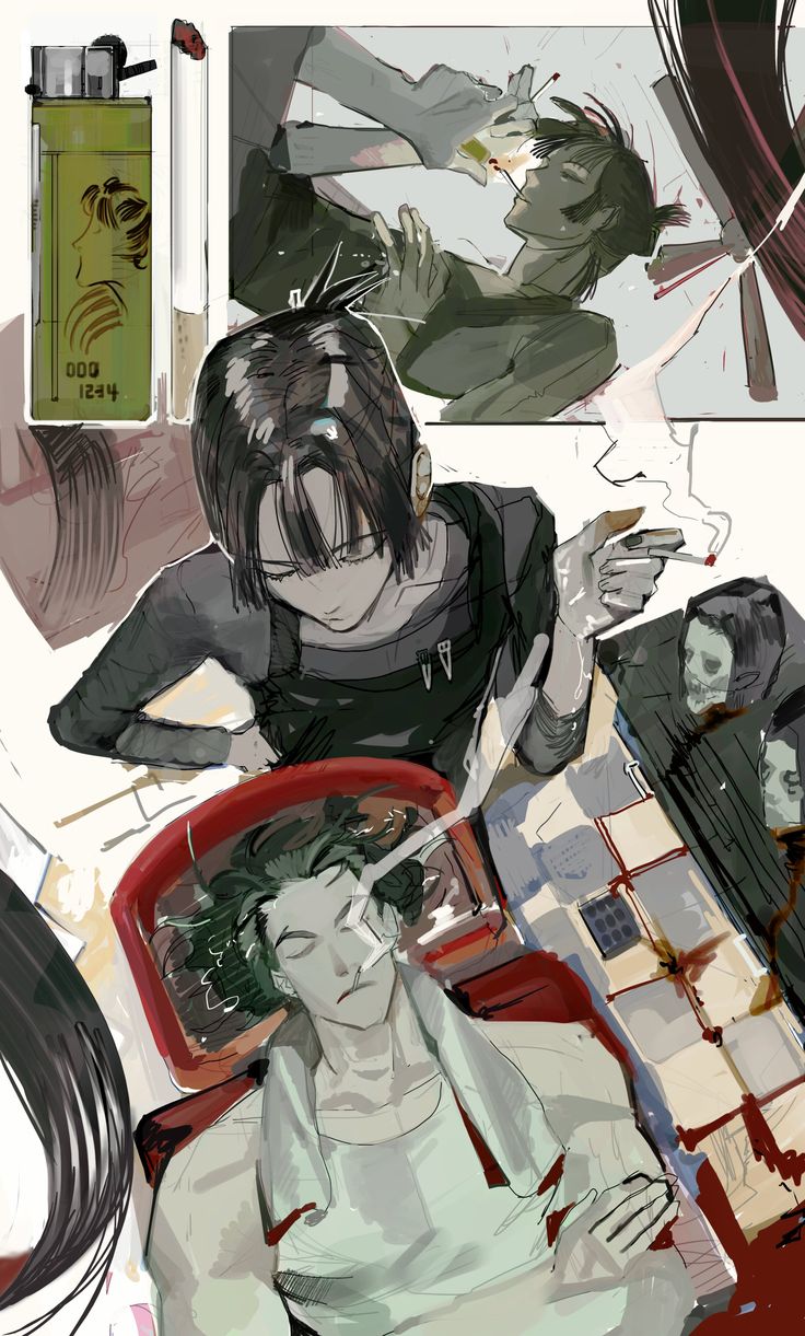 the image is a colorful illustration showing multiple characters in different scenes.  a central focus is a young woman with dark hair, wearing a dark top, who is smoking a cigarette. beside her is a man lying down, appearing relaxed or asleep. above them, another scene depicts a man and woman in what seems to be a more intimate setting. the overall style is reminiscent of graphic novels or anime/manga. the colors are muted and slightly desaturated, lending a moody atmosphere. there's a lighter visible in the upper left corner. the scene is busy with details, giving the overall feeling of a sliceoflife story or snapshot.  in the background, other less defined figures are also present.