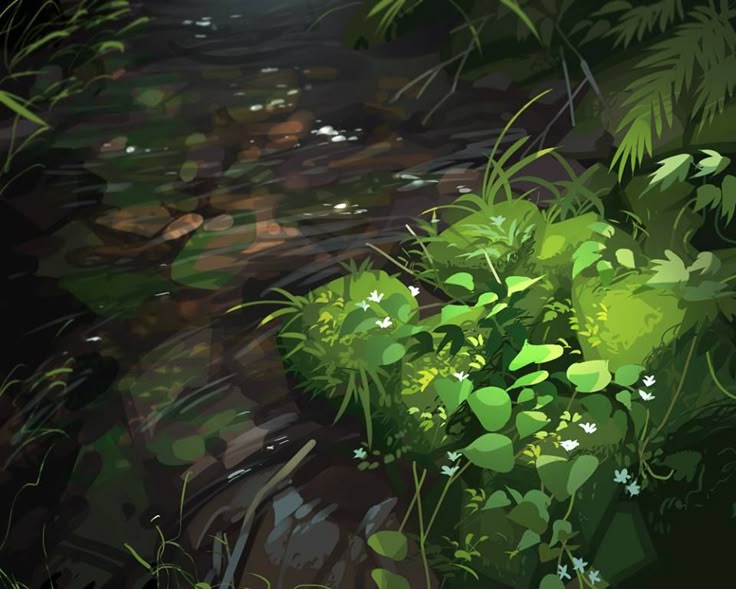 the image depicts a tranquil stream flowing through a lush, green forest. the water is clear, reflecting sunlight, with rocks visible underneath. the banks are overgrown with various types of plants, including grasses and leafy vines with small white flowers. the overall impression is one of serene natural beauty.