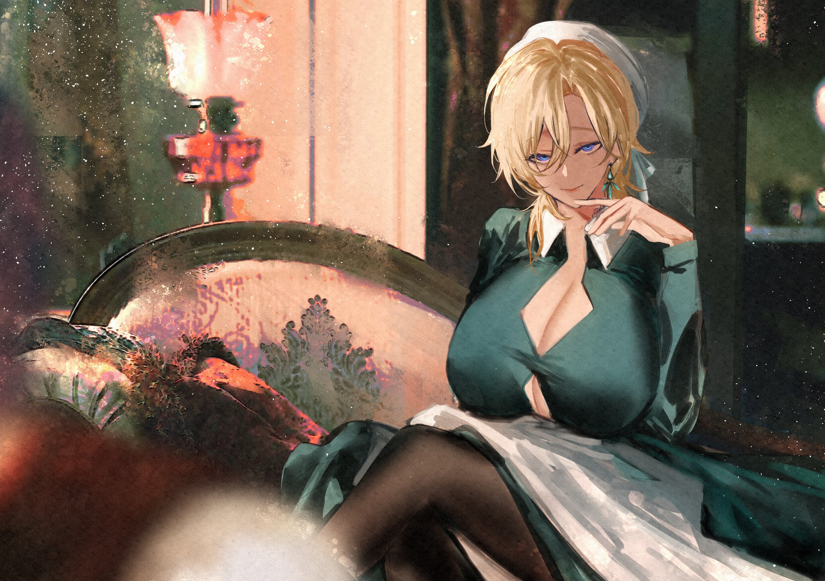 this is an image of an anime girl sitting on a couch, looking at the viewer with confidence. she is wearing a green dress with white trimming and black stockings. her hair is blonde and she has bright blue eyes. the setting is elegant and luxurious, with a couch in the background. the overall tone of the image is classy and confident.
