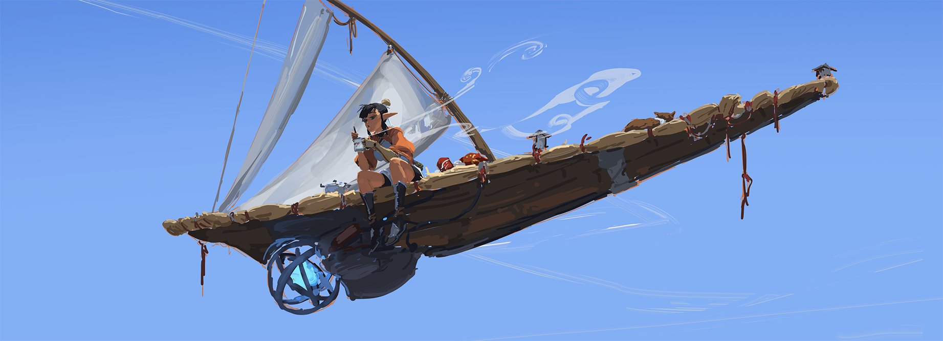 the image is a digital painting depicting a whimsical, fantasystyle airship. it resembles a wooden boat with a sail, but it's clearly not a conventional vessel, appearing to float or fly through the air. a female elflike character is seated on the vessel, seemingly enjoying the journey. the airship is detailed with various items and ropes, suggesting it's carrying supplies or cargo. the background is a clear blue sky with wispy clouds, enhancing the sense of lighthearted adventure and fantasy. the painting style is loose and expressive, with visible brushstrokes adding to the artwork's dynamic feel.  the overall scene evokes a sense of magical travel and exploration.