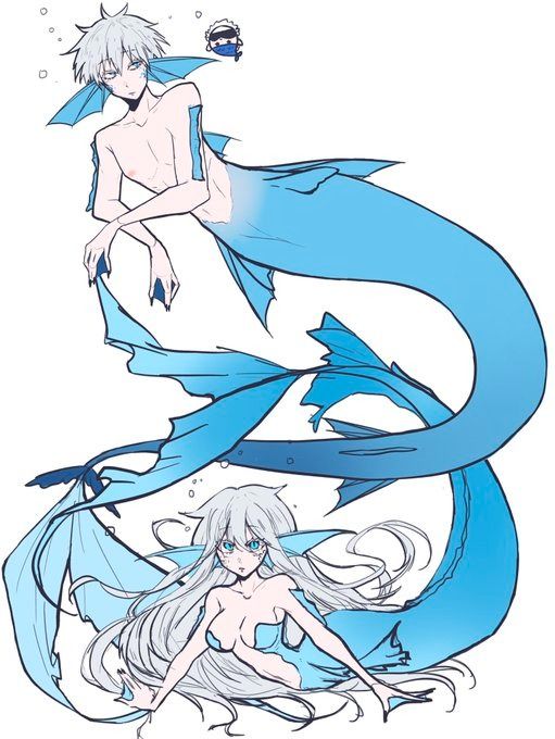 this is an animestyle drawing of two mermaids. the mermaid on top has short white hair and a male physique. he's smiling and his tail fin is blue with white stripes. the mermaid on the bottom has long white hair and a female physique. she's looking at the camera, her tail is blue, and her tail fin has blue and white stripes. the mermaids are curled around each other, suggesting love or a close relationship.