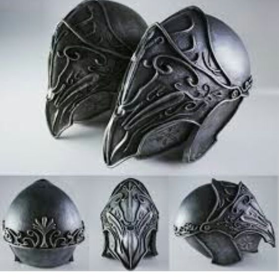 the image showcases several intricately designed helmets or helmet components. the helmets are predominantly silver or grey in color, exhibiting elaborate sculpted patterns and decorative detailing.  the style suggests a fantasy or medieval setting, possibly referencing game aesthetics. there are closeup views of individual helmet pieces and a wider shot depicting two more complete helmets. the overall presentation emphasizes the craftsmanship and artistic details of these pieces.