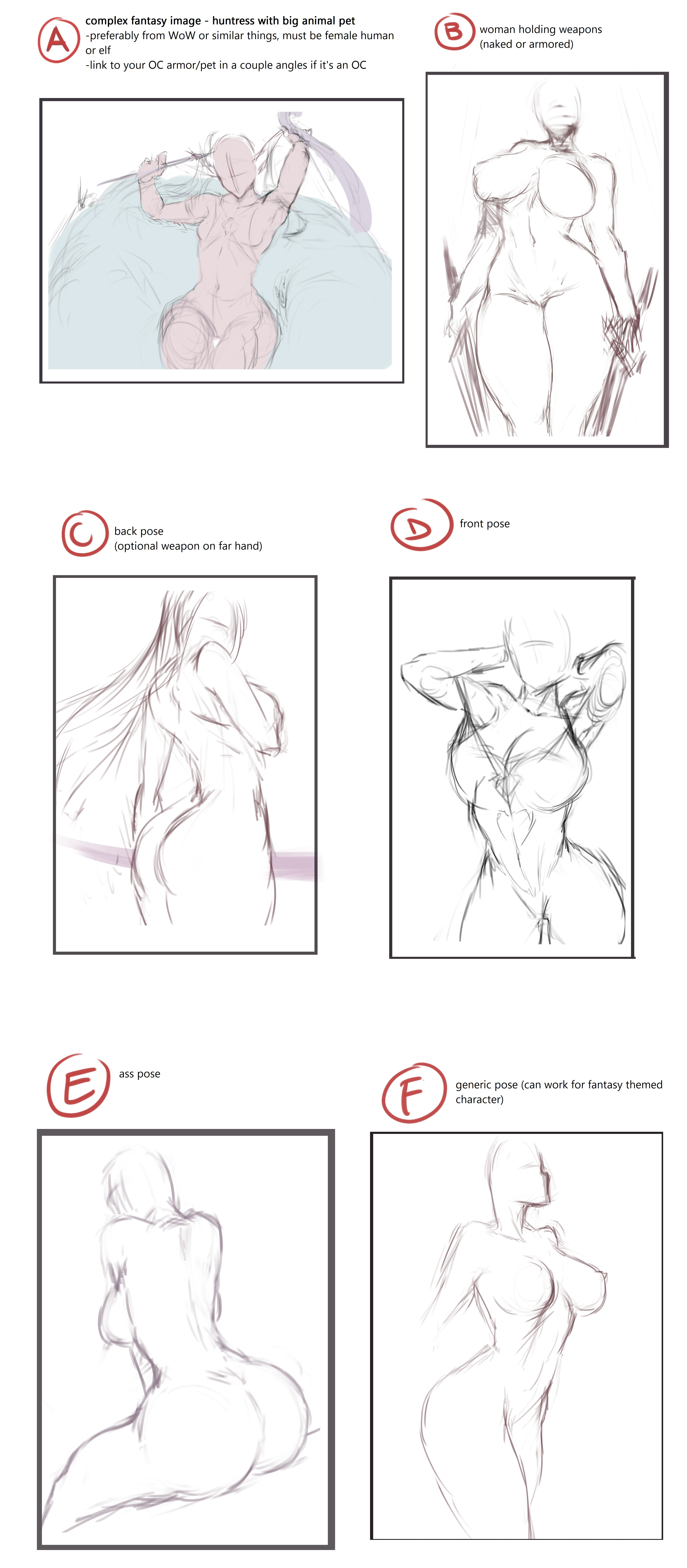 the image shows six different sketches of a female figure in various poses. the sketches are drawn in a light gray color on a white background. the sketches are labeled with letters af.  the sketches are accompanied by text descriptions suggesting they are for a fantasy huntress character.  some sketches show the figure with weapons, while others focus on different poses from the back, front, and side.