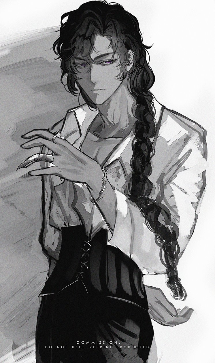 this is a black and white drawing of an anime/manga male character.  he has long black hair braided down his back. he is wearing a white shirt, a corset, and jewelry including rings and a chain on his wrist.  he is staring intently at the viewer with a serious expression.  the drawing is highly detailed and done in an artistic style.
