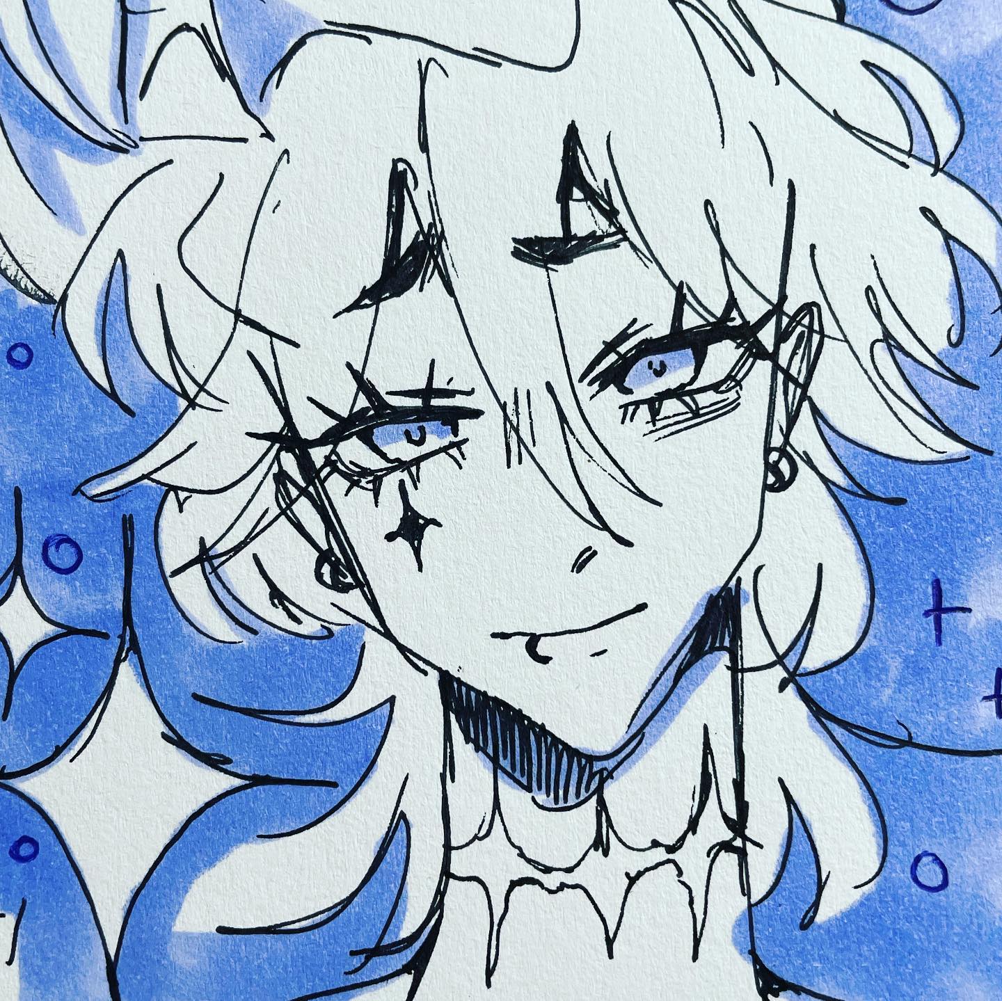 he image is a closeup shot of an animestyle drawing of a young male character.  the character has long, white hair styled in a somewhat messy manner, and striking blue eyes. they have unique facial markings resembling stylized tears or paint splatters, and what appears to be a choker or necklace.  the style is heavily outlined with black ink, which contrasts against a blue wash background that provides shading and depth. the overall impression is one of a stylized and expressive piece of character art with a slightly edgy or alternative aesthetic.