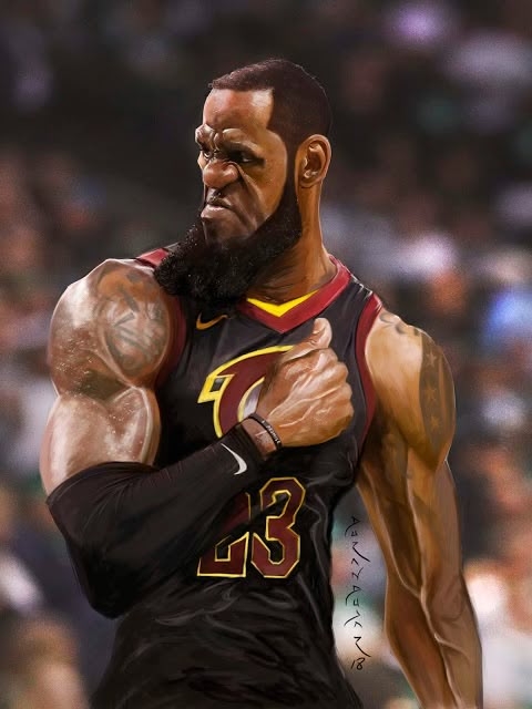 a caricature of lebron james wearing a cleveland cavaliers jersey with the number 23. he has exaggerated muscles, a black beard, and visible tattoos. the background is a blurry sports arena.
