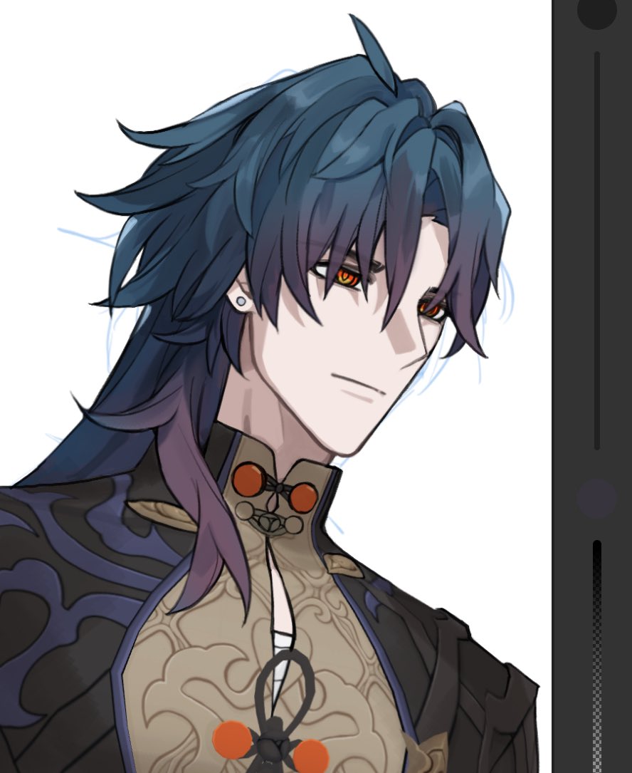 an illustration of an anime male character with long blue hair with purple highlights, red eyes, and a chinese inspired outfit. the character is looking to the right of the image. the background is white.