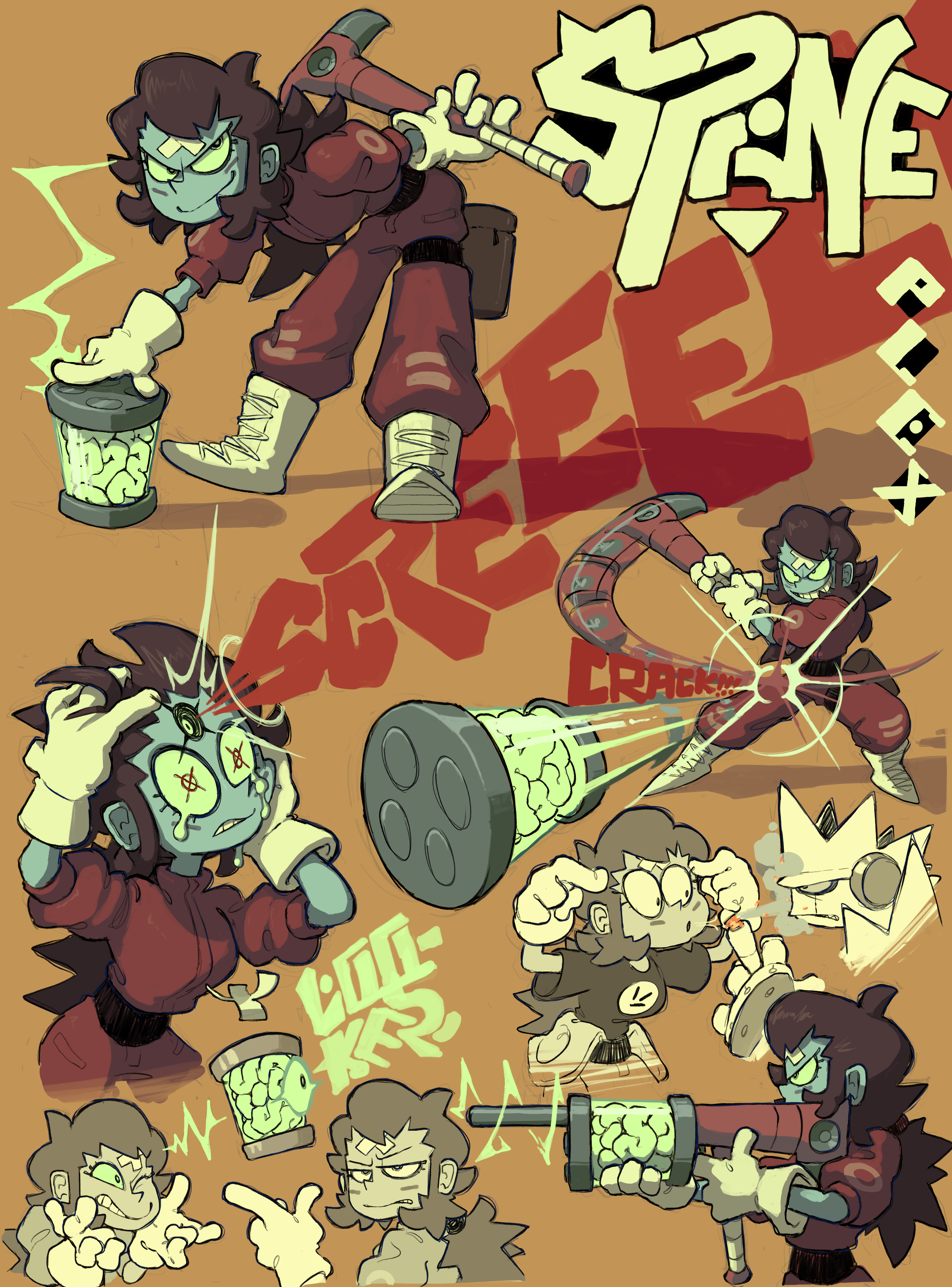 the image showcases a character design sheet for a spunky, young female character set against a vibrant, graffitiladen background. the art style is energetic and cartoonish, with exaggerated proportions and dynamic poses. the character, sporting electric blue skin and wild hair, is depicted in various action poses, showcasing her agility and combat skills. her weapon of choice appears to be a futuristic gun that shoots glowing green canisters, possibly containing some kind of energy or creature. several panels illustrate different attack moves and expressions, offering a glimpse into her personality and abilities. the color palette is dominated by warm browns and oranges, contrasted by the character's blue skin and the green glow of the weapon. smaller panels reveal a glimpse of a cute, furry creature, possibly a companion or enemy, and a shadowy figure wearing a crown, hinting at a larger narrative context.