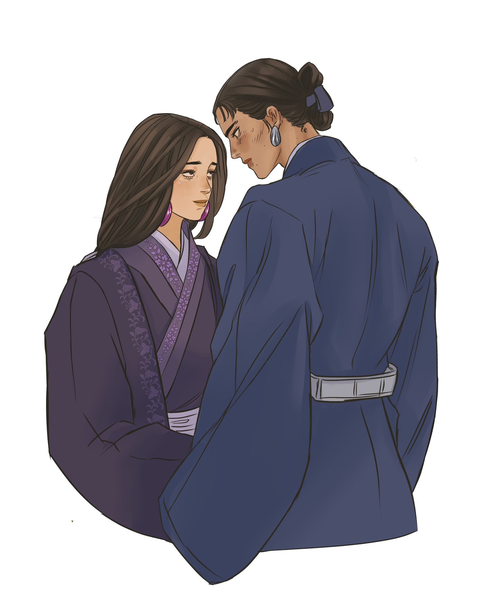 the image shows a digital illustration of two women standing close together, dressed in traditional asianstyle robes. the woman on the left is wearing a purple robe with a patterned trim and has long, dark hair. she is also wearing pink earrings. the woman on the right is wearing a dark blue robe with a white belt and has her hair pulled back in a bun with a blue ribbon. she also has silver earrings. they appear to be looking at each other. the artwork is in a mangainspired style.