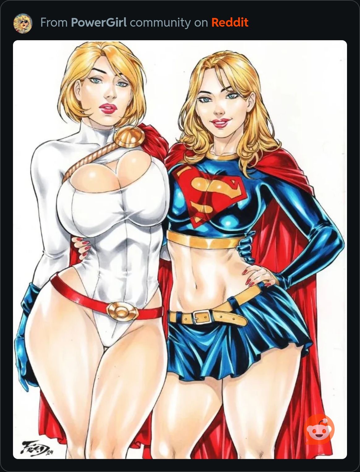 a digital drawing of power girl and supergirl, from dc comics. the image is drawn in a colorful anime style, with power girl in her classic white costume and supergirl in her blue and red suit. they are standing together in a posed stance, and their