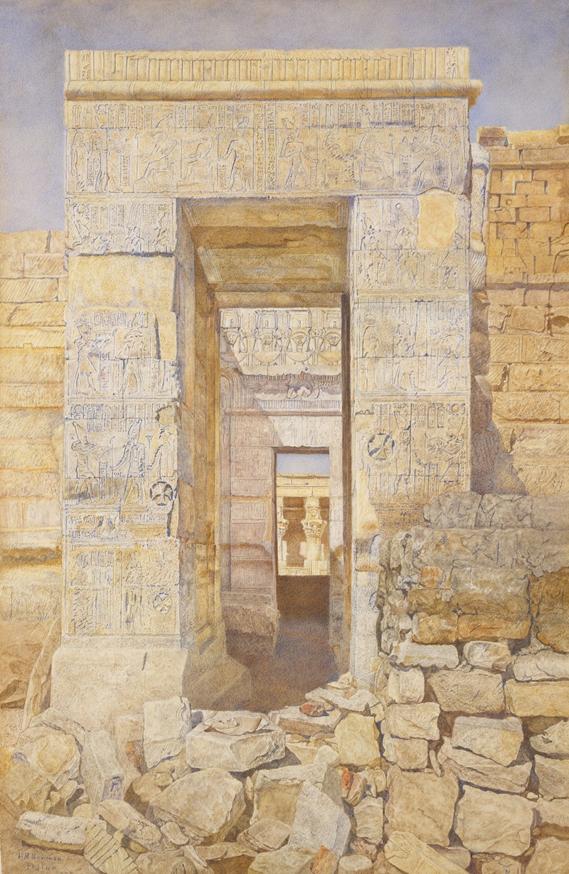 a watercolor painting depicts an ancient egyptian ruin with a stone doorway. the doorway is flanked by walls covered in hieroglyphs and leads into an interior space with columns visible. the foreground shows piles of scattered stones, suggesting the dilapidated state of the site. the scene is bathed in warm daylight, highlighting the intricate details of the stonework and the surrounding architecture.