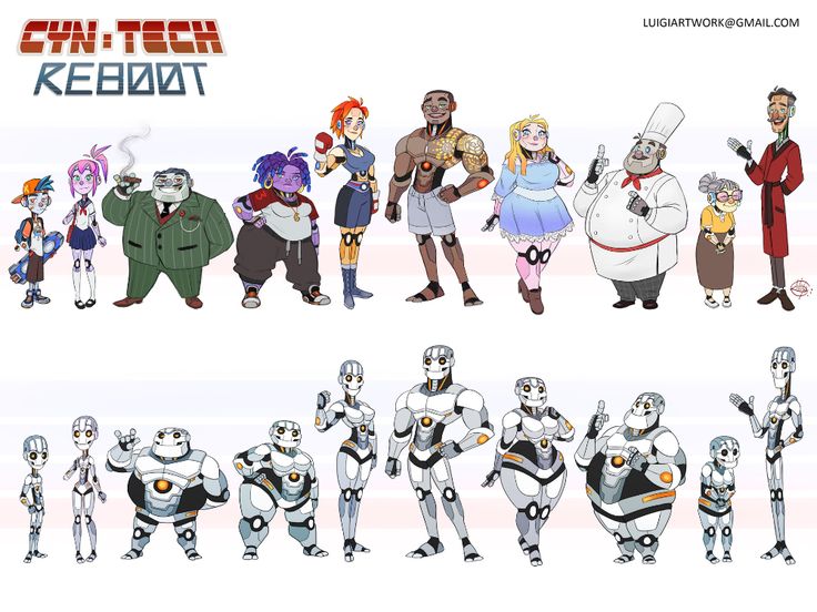 the image displays a collection of cartoonstyle characters labeled "cyntech reboot". the characters are diverse in appearance and include both humans and robots, with some appearing to be cyborgs. the characters are arranged in two rows, with humanlike characters in the top row and their corresponding robotic versions in the bottom row. the characters include a schoolboy, a schoolgirl, a businessman, a young woman, a boxer, a chef, an old woman, and a man in a robe. the robots mimic the shapes and features of their human counterparts. the image is likely an illustration for a science fiction or futuristic project. the contact information "luigiartwork@gmail.com" is present in the upper right corner.