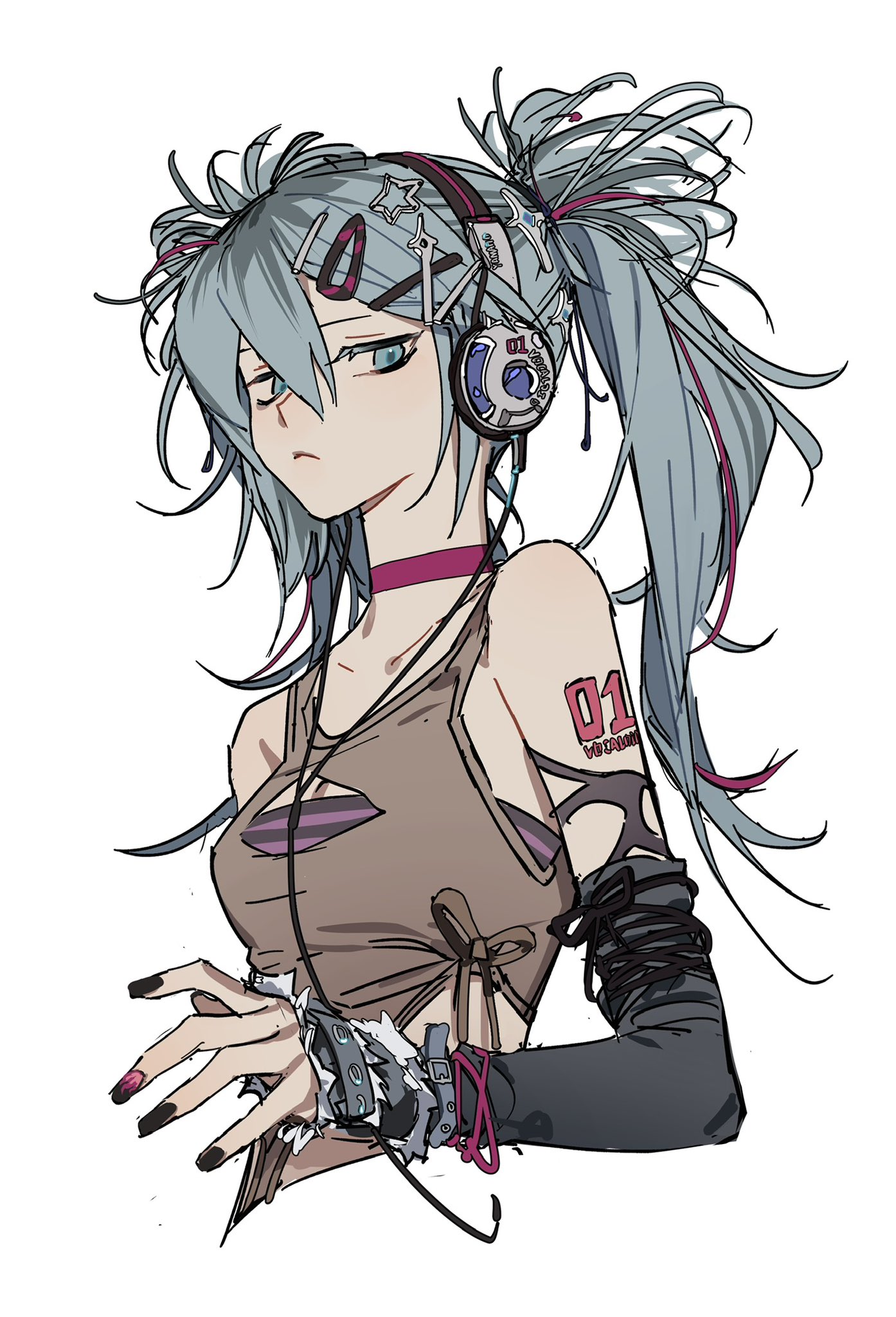 the image is a digital illustration of an anime girl. she has grey hair styled in a messy ponytail with a few strands falling around her face. she is wearing headphones with a blue and silver design, and her hair is adorned with hair clips, including a star and an "x." she has blue eyes and a slightly annoyed expression. she is wearing a magenta choker around her neck. her outfit consists of a sleeveless brown top with a cutout design, and she has "01" tattooed on her arm. she also wears black arm warmers and wrist cuffs with silver details. the artwork features a distinct outlined style.