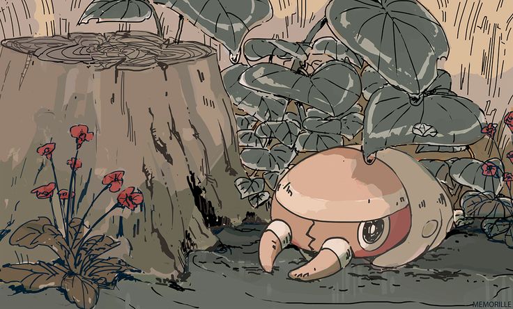 the image is a digital fanart depicting a galarian corsola pokemon resting in a damp, shaded area near a tree stump. the scene is lush with large, dark green leaves that resemble alocasia plants, and small, red flowers sprout from the ground near the stump. the corsola itself is stylized in a soft, cartoonish manner, with gentle shading and a relaxed posture. the overall color palette is muted and earthy, creating a calm and peaceful atmosphere. the style seems reminiscent of both anime and manga illustrations.  the artist's signature "memorille" is faintly visible in the bottom right corner.