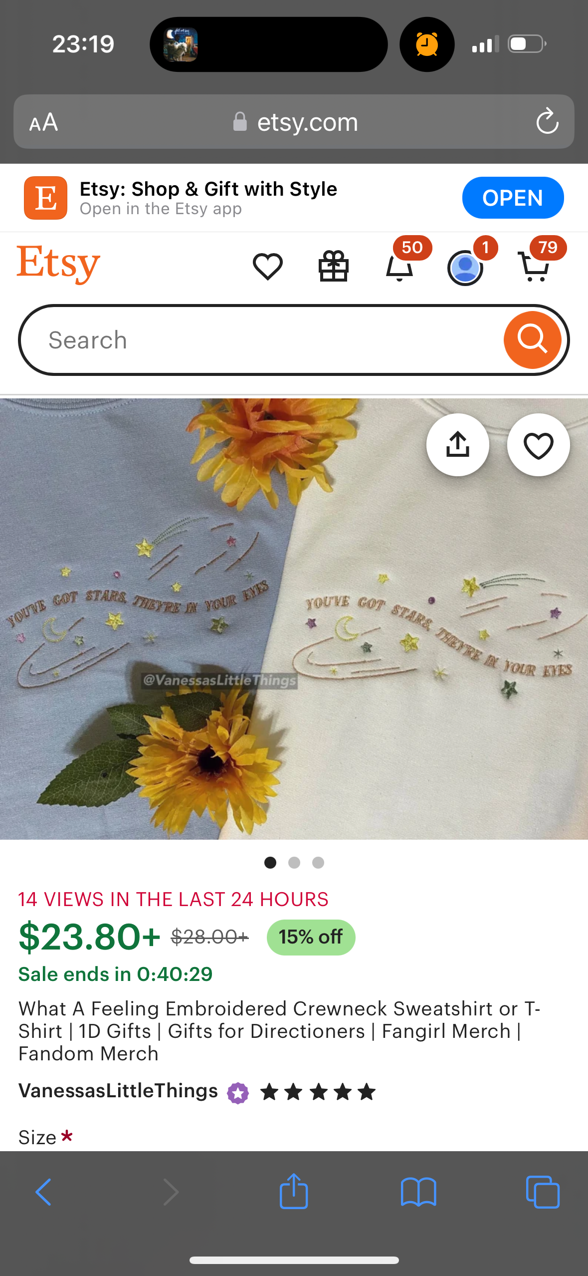 this is a listing on etsy for an embroidered crewneck sweatshirt or tshirt that features the saying "you've got stars, they're in your eyes" in a cute, trendy font. it is described as a 1d or "directioner" fan gift, as well as a general fandom item, with a focus on being cute and trendy. the listing image shows two different styles of the shirt, one on a light blue background, and the other on a white background.