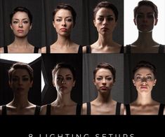 the image showcases a woman's portrait in eight different lighting setups within a studio environment.  each setup demonstrates the varying effects of light and shadow on the subject's face, highlighting how different lighting techniques can drastically alter the mood and overall impact of a photograph.
