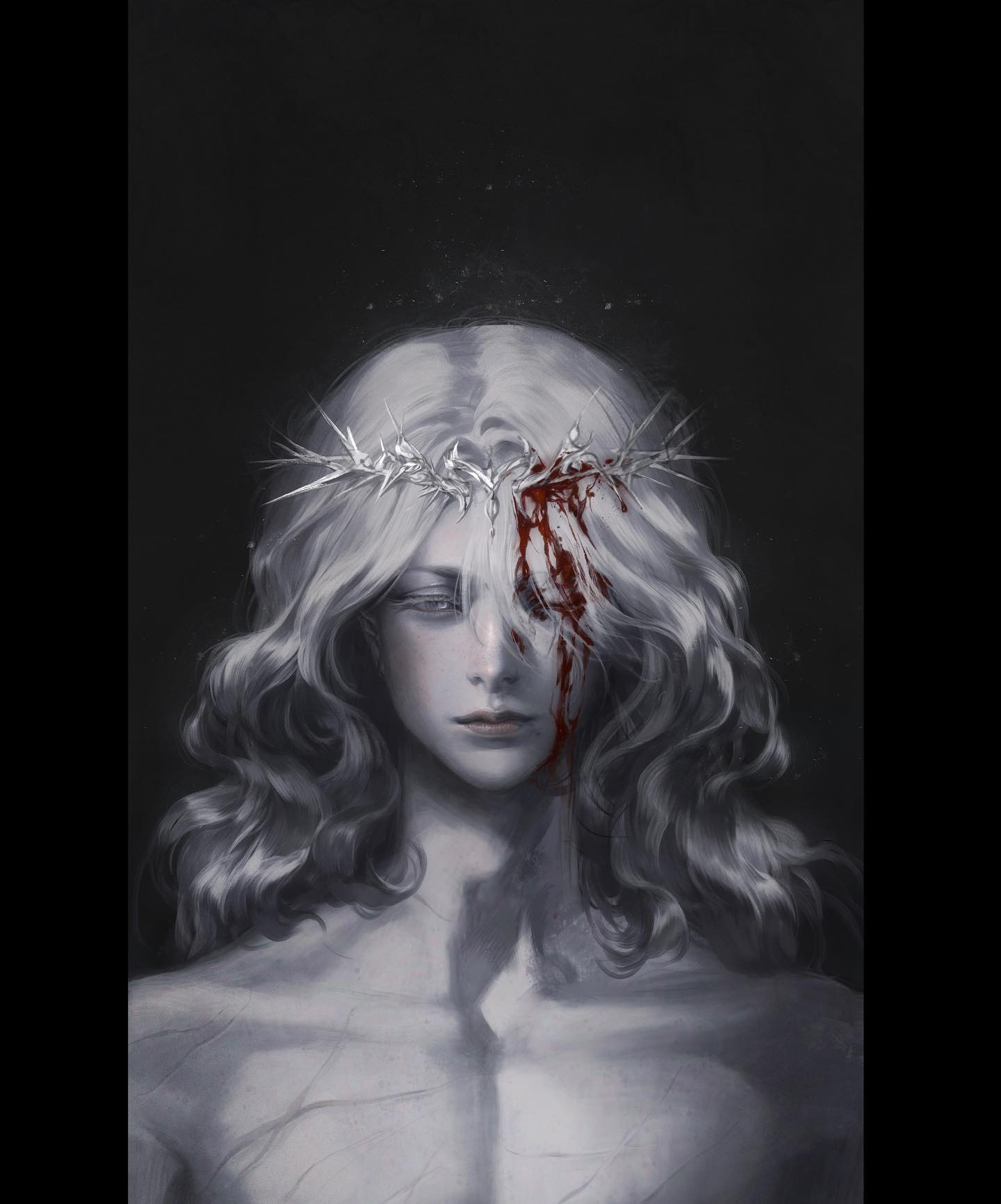 a grayscale portrait depicts a young man with long, flowing white hair. he wears a crown of thorns, and a stream of blood trickles down the right side of his face, partially obscuring his eye. his expression is stoic, with a hint of sadness. the background is dark and undefined, drawing focus to the subject's ethereal and melancholic presence.