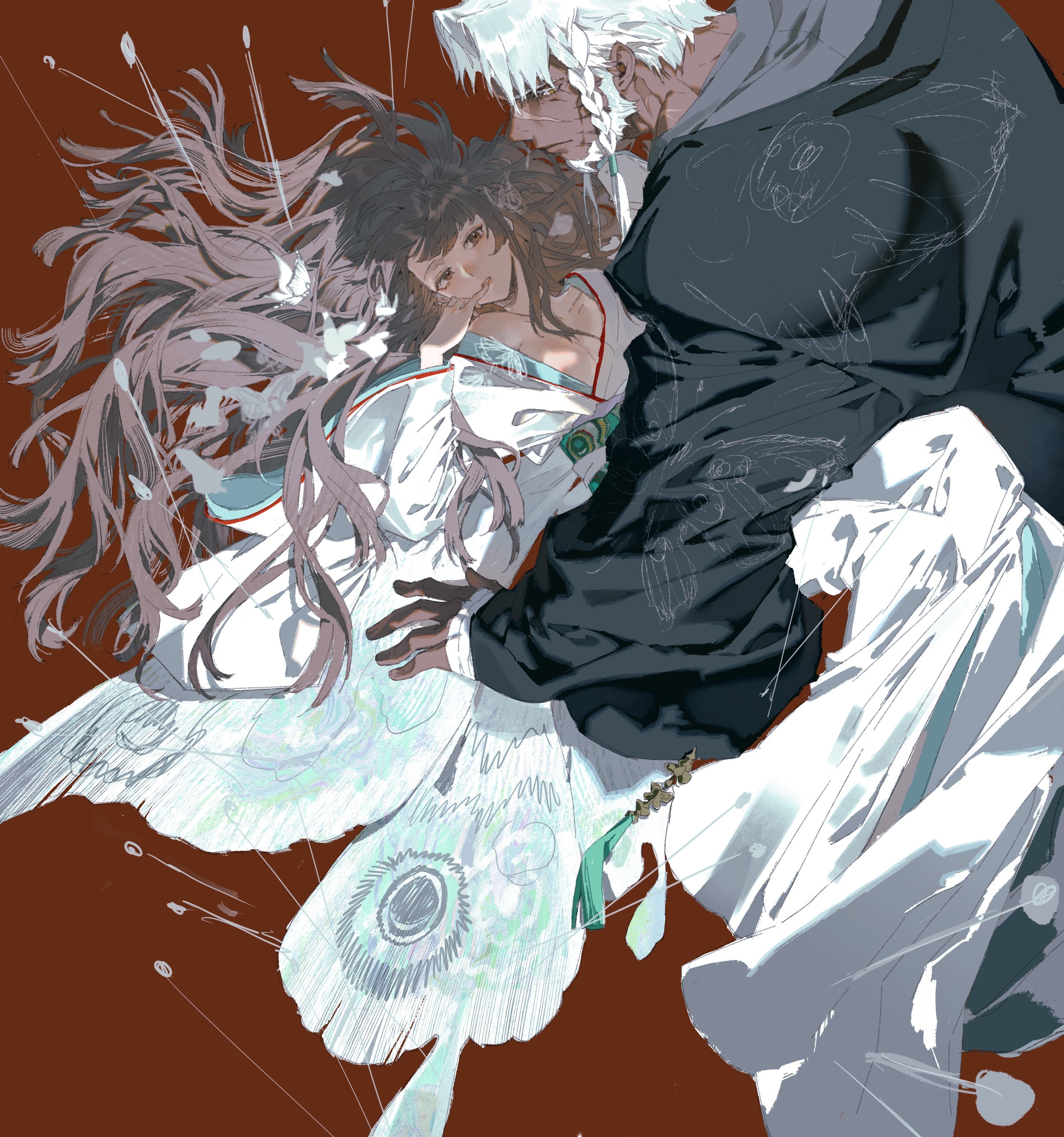 this is a digital illustration depicting a romantic scene between a young woman and a man in anime style. the woman has long, flowing pink hair and is wearing a white dress with flowing butterfly wings. the man has gray hair and is wearing black clothing. they are floating in the air against a red background. their arms are intertwined, and the woman has her head resting on his chest. they appear to be looking at each other with love in their eyes. the overall feeling of the illustration is one of love, romance, and fantasy.