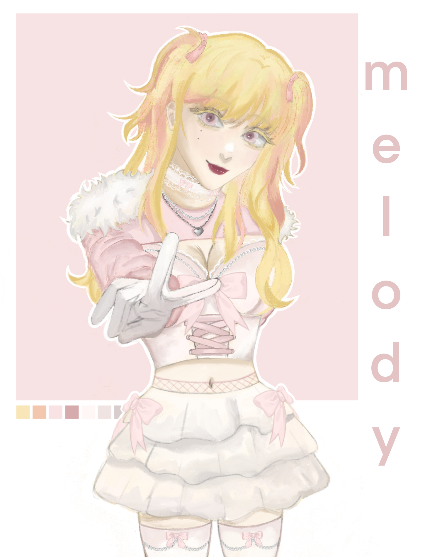 a digital illustration of an animestyle girl with blonde hair, pink and white clothing, and a pink background. the girl has fair skin, light eyes, and rosy cheeks, and she's wearing a short dress with ribbons, a corsetstyle top, and thigh high socks. she's also wearing gloves and a necklace with a heart pendant. her hair is styled in pigtails with pink ribbons, and she has a furtrimmed pink jacket. the word "melody" is written vertically in pink on the right side of the image. a palette of light pink shades is in the bottom left.