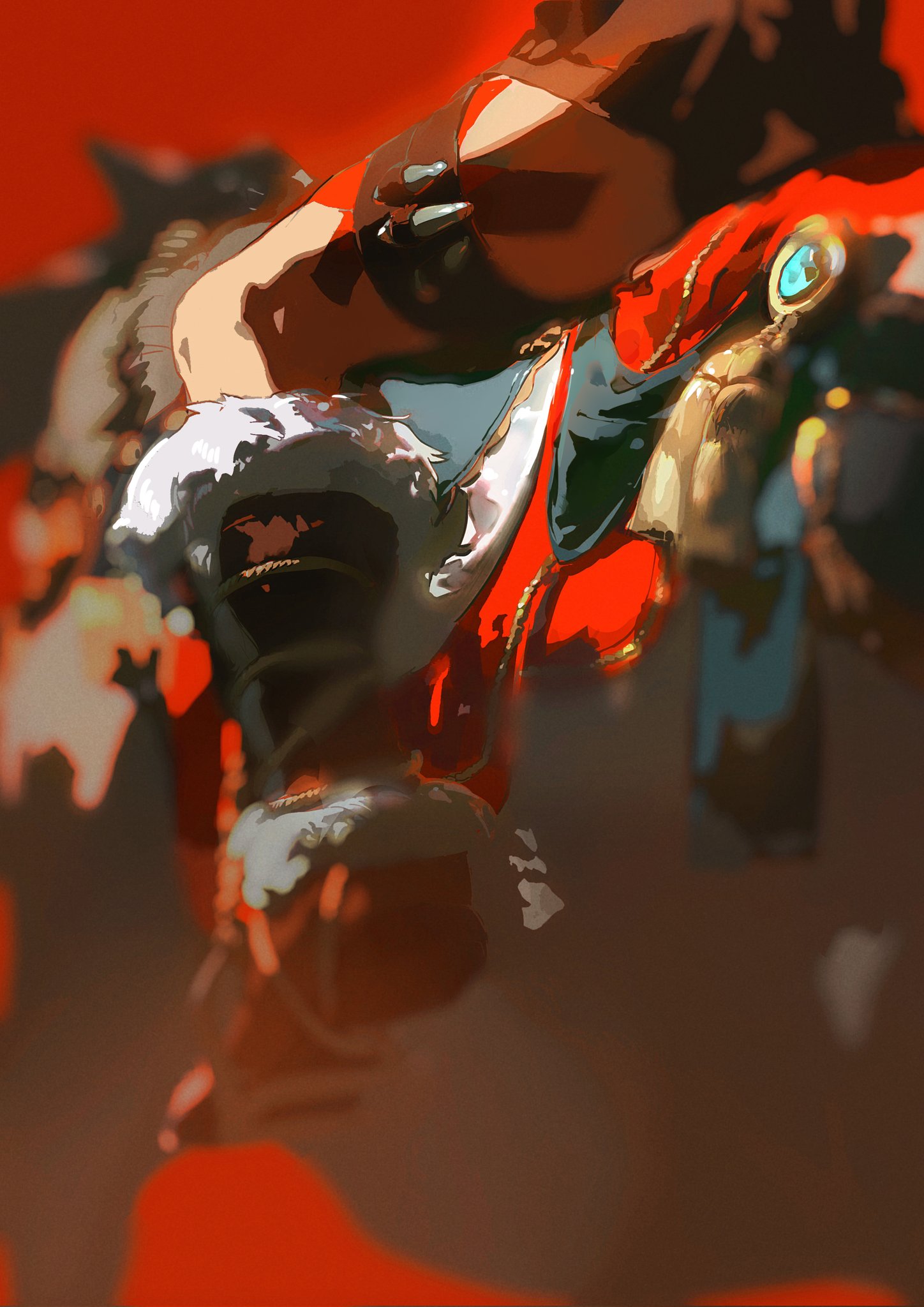 this is a digital painting of a person sitting in a hooded cloak. the image is blurry and the colors are bright and saturated. the background is a gradient of red, orange, and black.