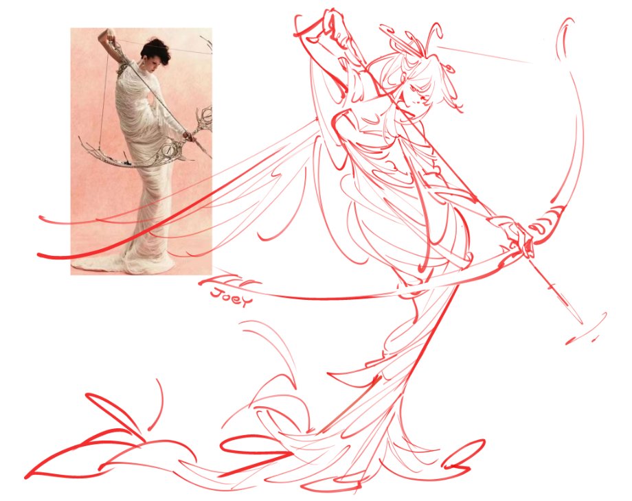 the image shows a digital drawing, done in red lines, of a female archer.  the style is dynamic and flowing, with loose, expressive lines suggesting movement and grace. the archer is depicted in a flowing dress, her pose suggesting action. to the left is a smaller, inset image: a vintagestyle photograph of a woman in a similar pose with a bow and arrow, which clearly served as the inspiration for the red line drawing. the overall effect is a blend of vintage aesthetic and a modern, fantastical artistic interpretation. the artist's signature "joey" is visible in the lowerleft portion of the artwork.