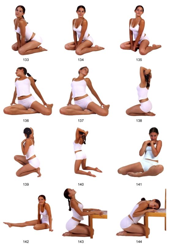 the image displays a grid of twelve photographs featuring the same woman demonstrating various stretches and poses.  the woman is wearing a white tank top and white underwear, suggesting a focus on fitness or yoga. the background in each photo is consistently white, emphasizing the woman and her movements. the poses vary in intensity and target different muscle groups.