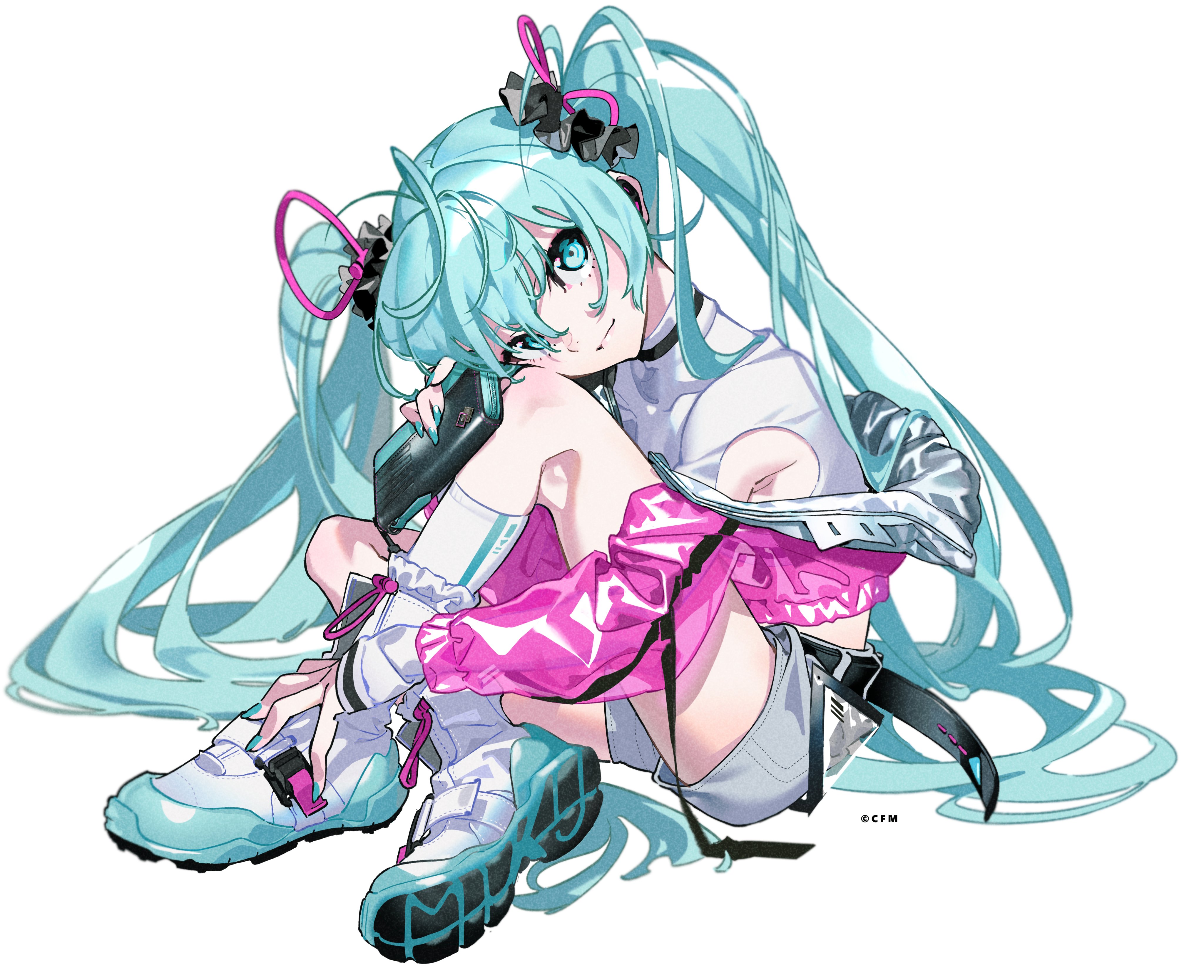 an animestyle illustration of hatsune miku, a popular vocaloid character. she's depicted in a dynamic pose, seated with her knees drawn in, wearing a futuristic outfit with pink and white accents. her signature turquoise twintails flow around her. she's holding a microphone close to her face, her expression playful and engaging.