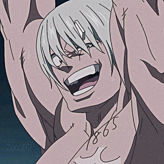 this is an animestyle illustration of a muscular man with gray hair, smiling broadly and looking up. he has a scar over his left eye and the number "865" tattooed on his chest. the image is zoomed in on his face and torso, showcasing his muscular build. the overall color palette is muted with shades of gray and purple.