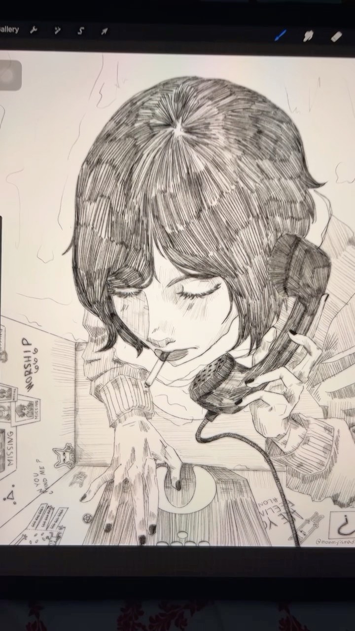 the image is a detailed pen and ink drawing (or digital drawing mimicking pen and ink) of a young woman with animeinspired features. she has short, dark hair, and is depicted sitting at a desk with a vintage rotary phone and what appears to be a record player. she's smoking a cigarette, and the overall mood is dark and atmospheric.  the artist uses heavy hatching and crosshatching to create shading and texture. the style is reminiscent of manga or anime illustration, with a focus on detailed linework and shading.  the background includes some indistinct elements which look like notes or papers. the drawing is likely created using a digital art program on a tablet.